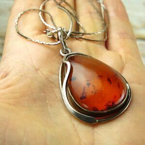 Big Amber and 925 Silver Pendant With 18" Fine Chain - Amber Gift For Her